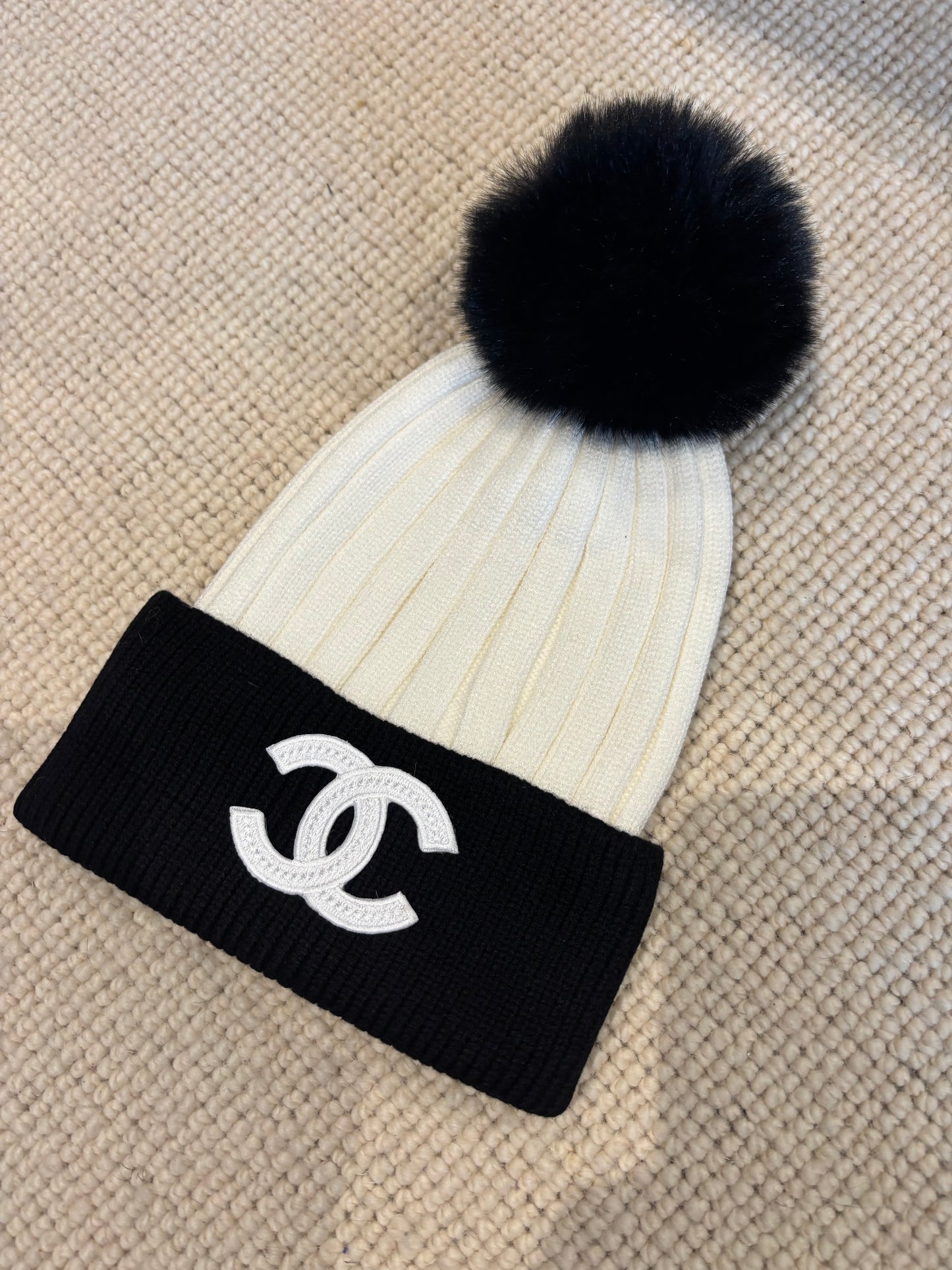 Black & white cc hat with fully Pom Pom