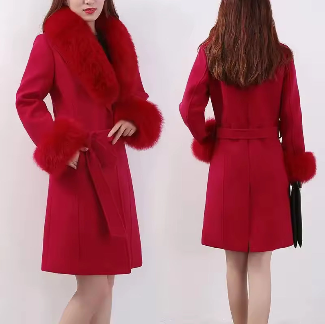 Faux fur long red coat size small