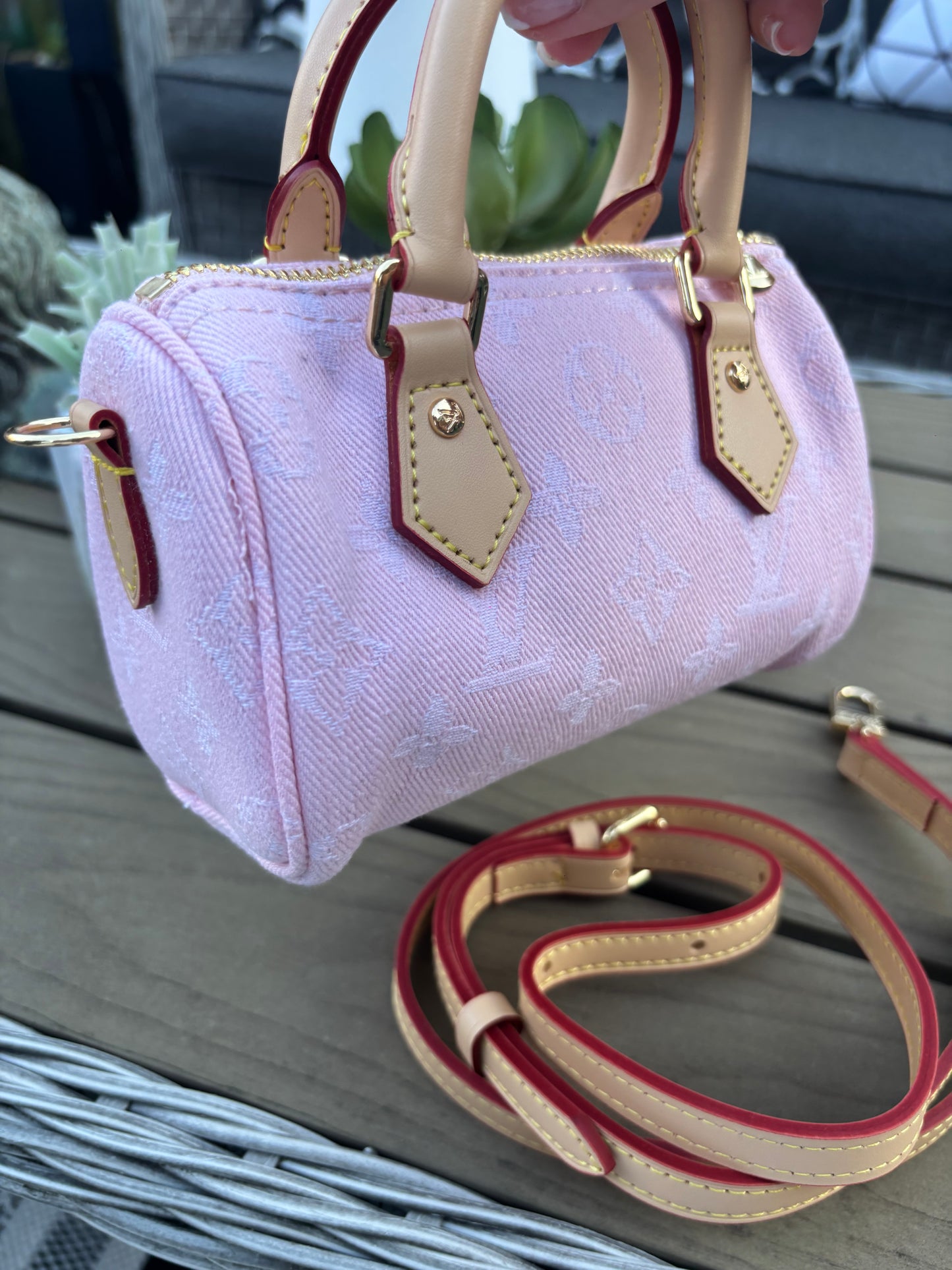Pink denim flower mini handbag with long strap