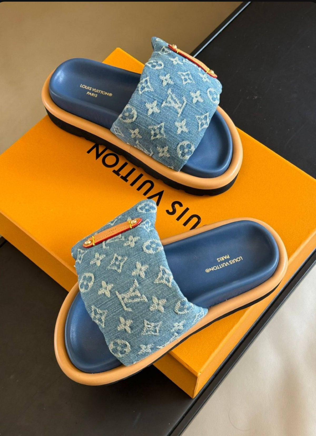 Denim pillow sliders pre order 3/4 weeks