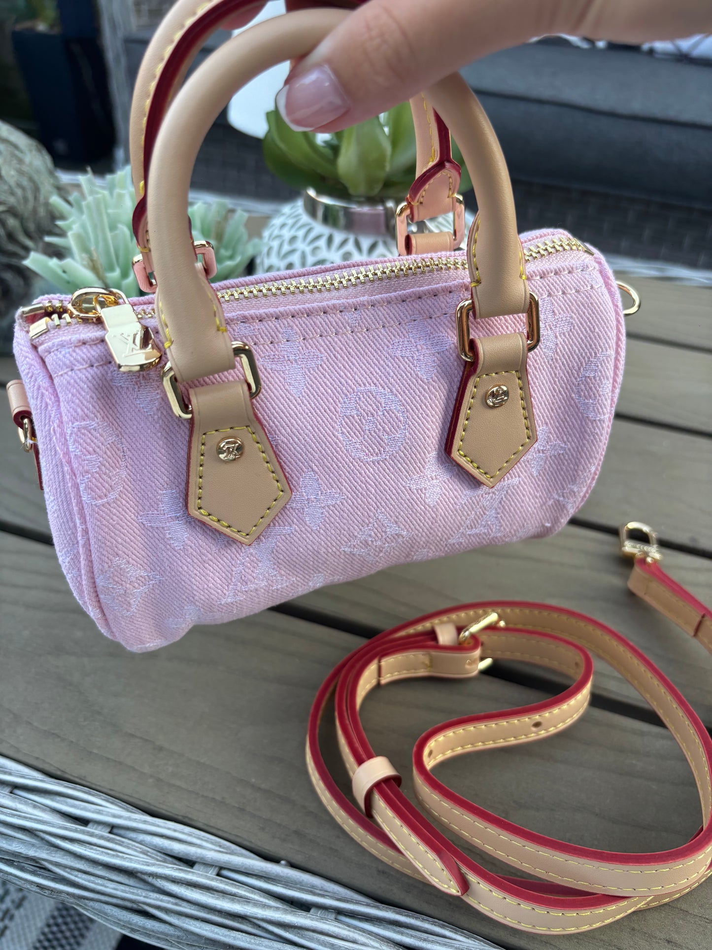 Pink denim flower mini handbag with long strap