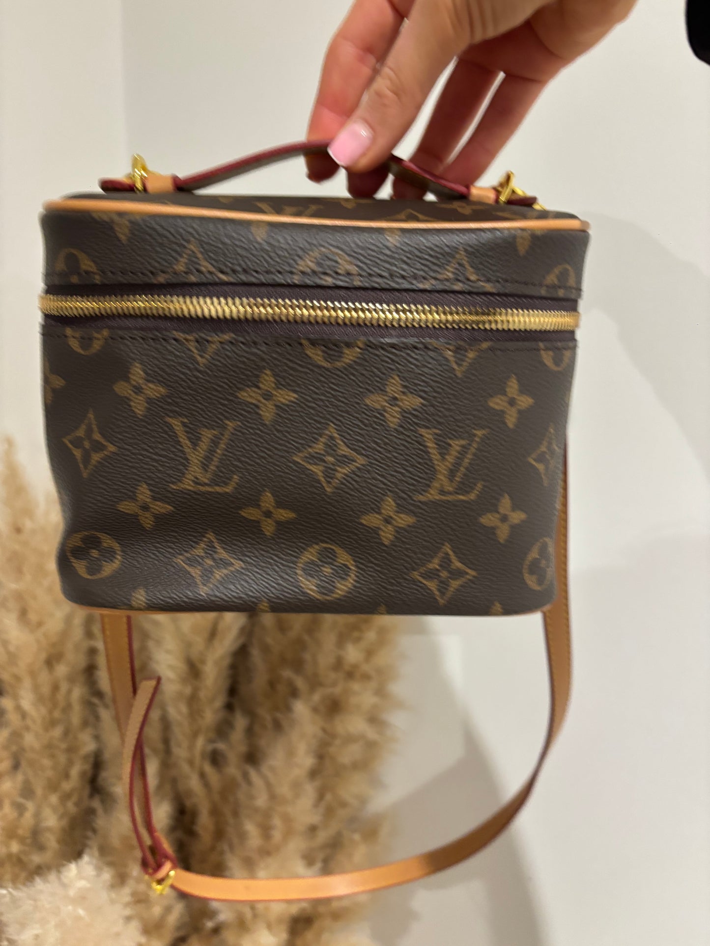 Brown flower makeup bag with long strap and scarf