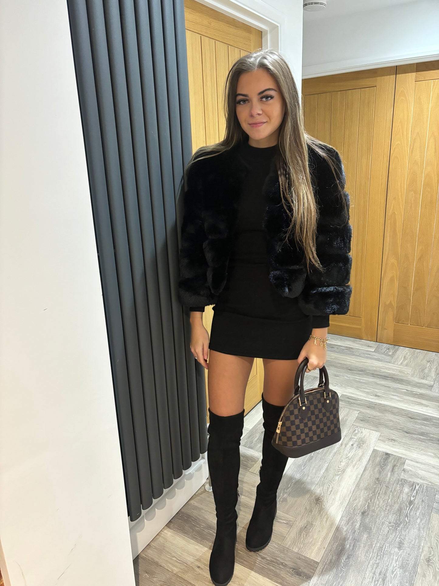 Black faux fur 5 row sleeves coat