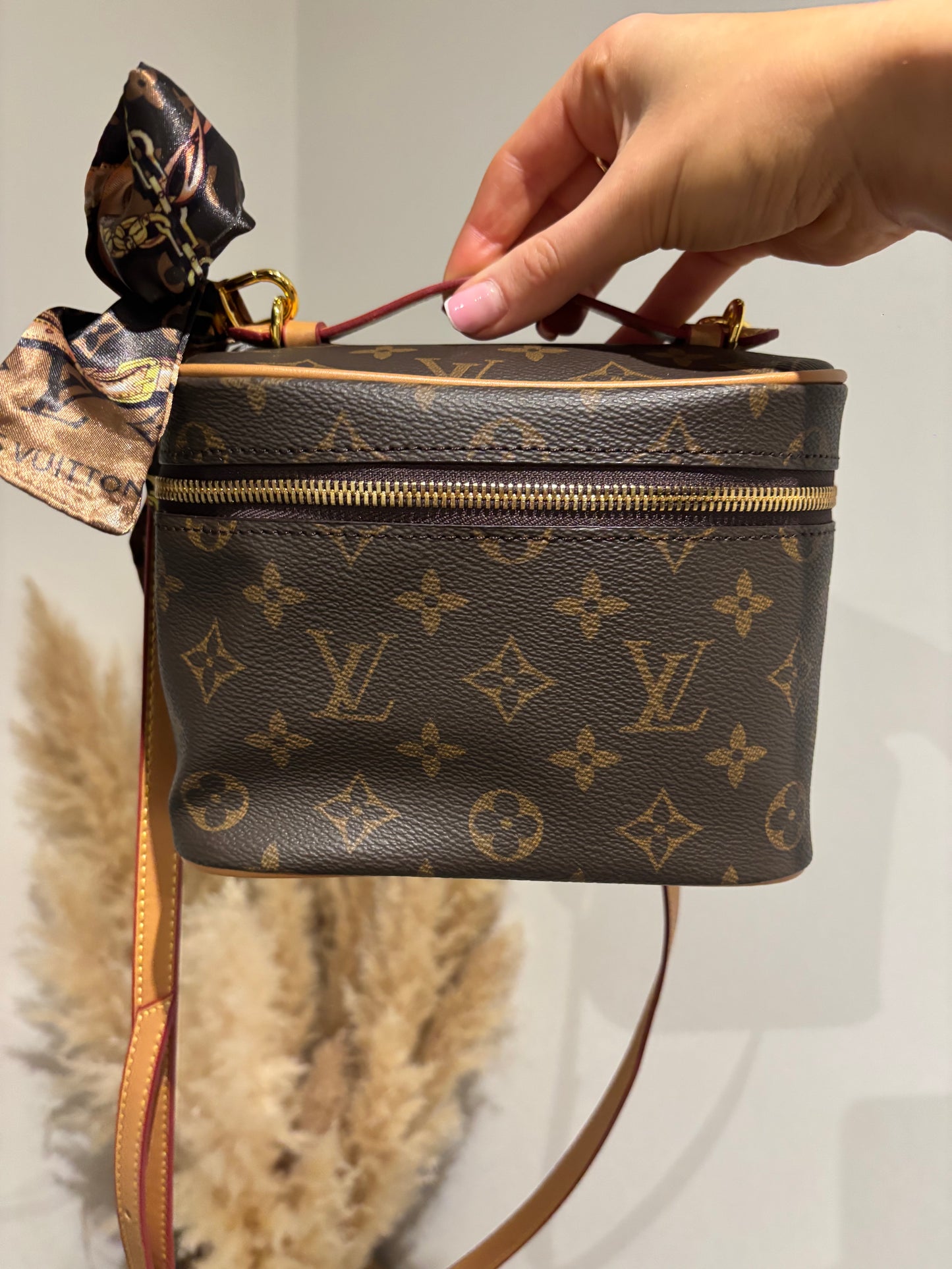 Brown flower makeup bag with long strap and scarf