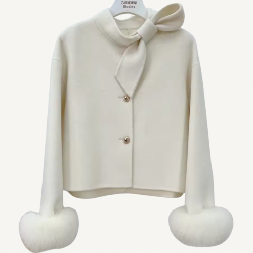 Cream bella natural fox fur coat buttons
