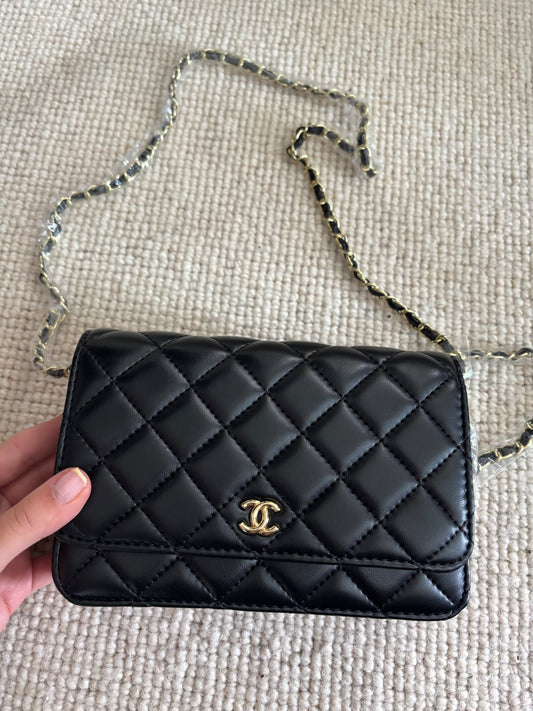 Black small cc with gold chain crossover bag