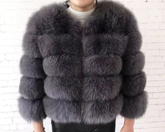 Dark grey natural fox fur coat size XS