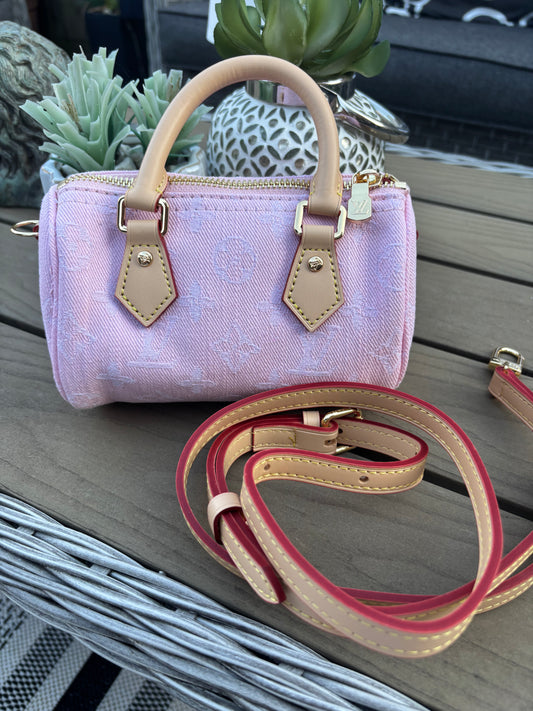 Pink denim flower mini handbag with long strap