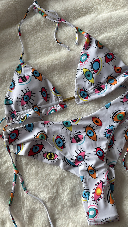 White with multi colored evil eyes bikini size medium
