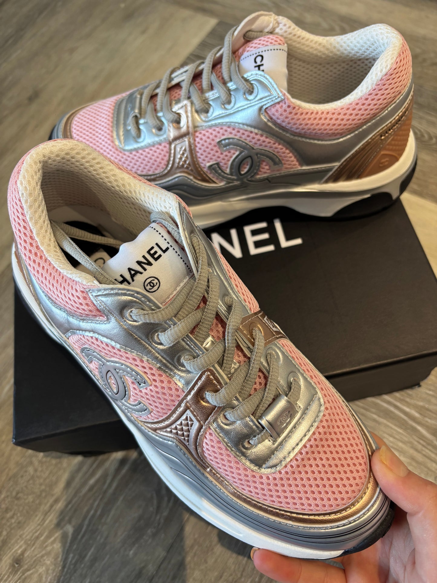 Pink & silver cc trainers size 5