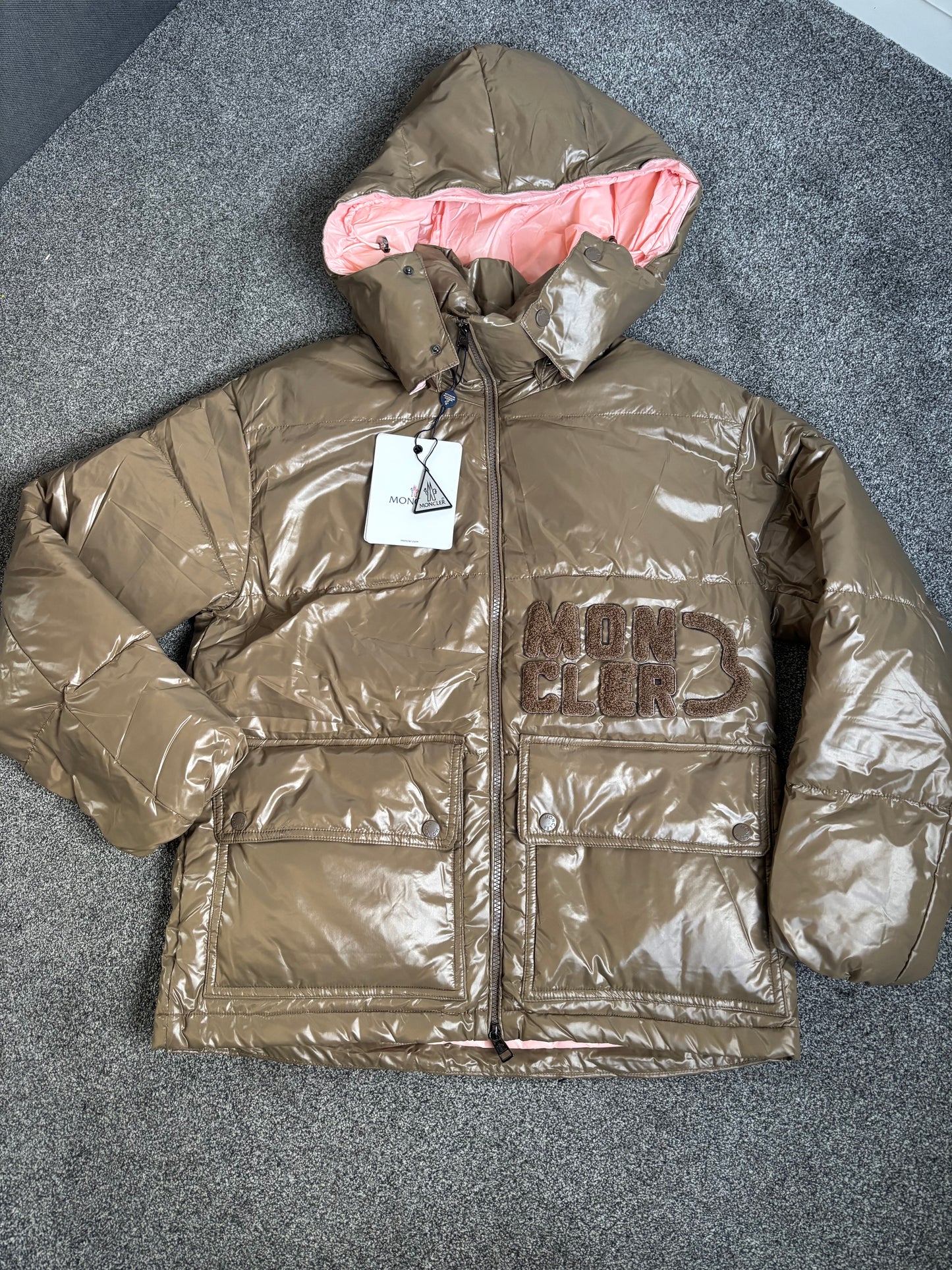 Khaki green & pink m coat size small draw strings inside ￼