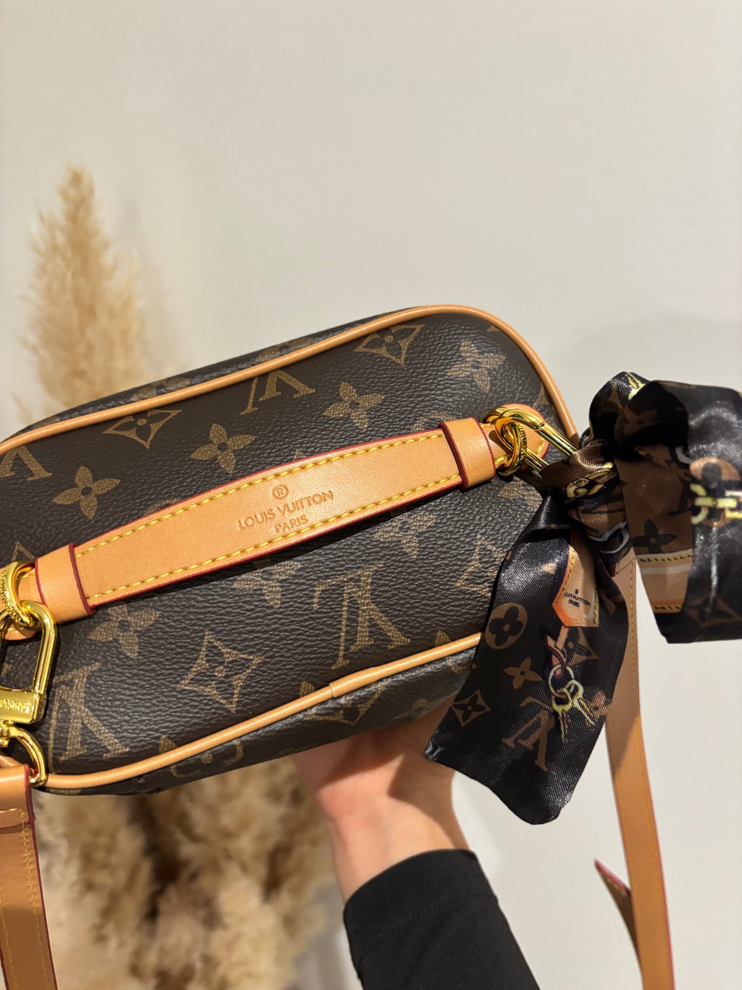 Brown flower makeup bag with long strap and scarf