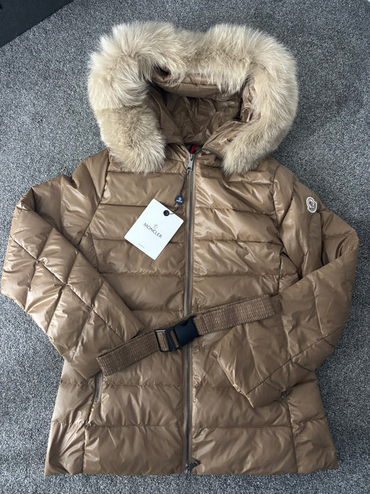 Camel m coat fur hood and belt size small