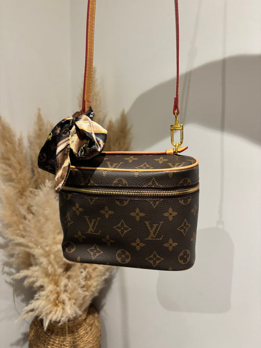 Brown flower makeup bag with long strap and scarf