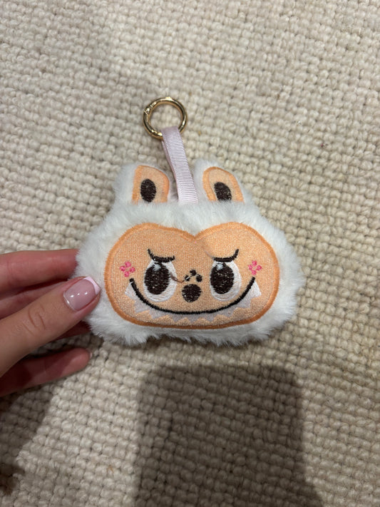 White fluffy Labubu head keychain