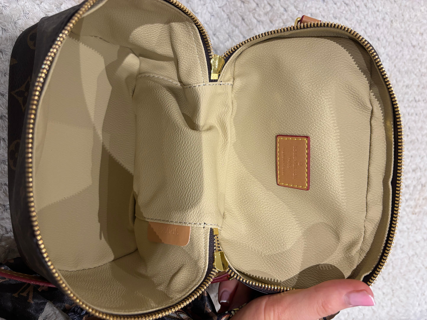 Brown flower makeup bag with long strap and scarf