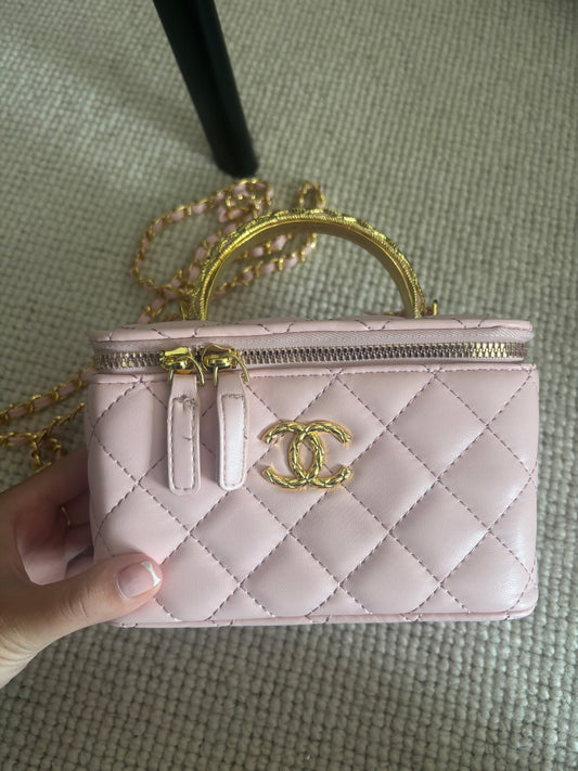 Pink cc box bag with gold straps