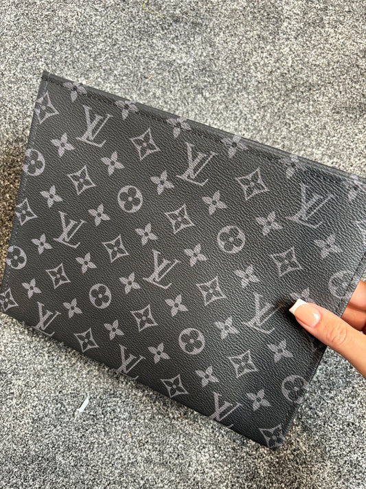 grey and black flower clutch bag