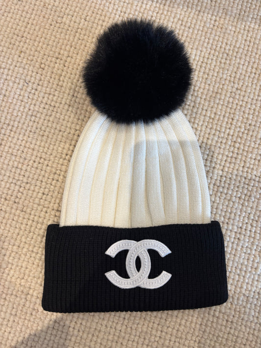 Black & white cc hat with fully Pom Pom