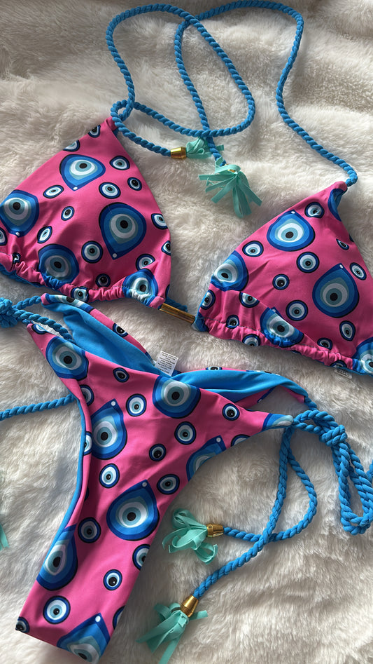 Pink & blue evil eye bikini size small