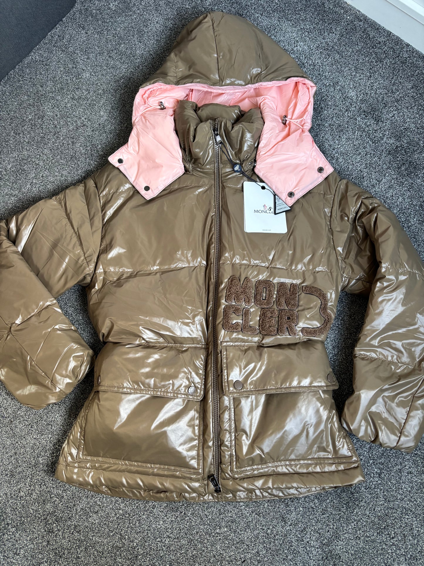 Khaki green & pink m coat size small draw strings inside ￼