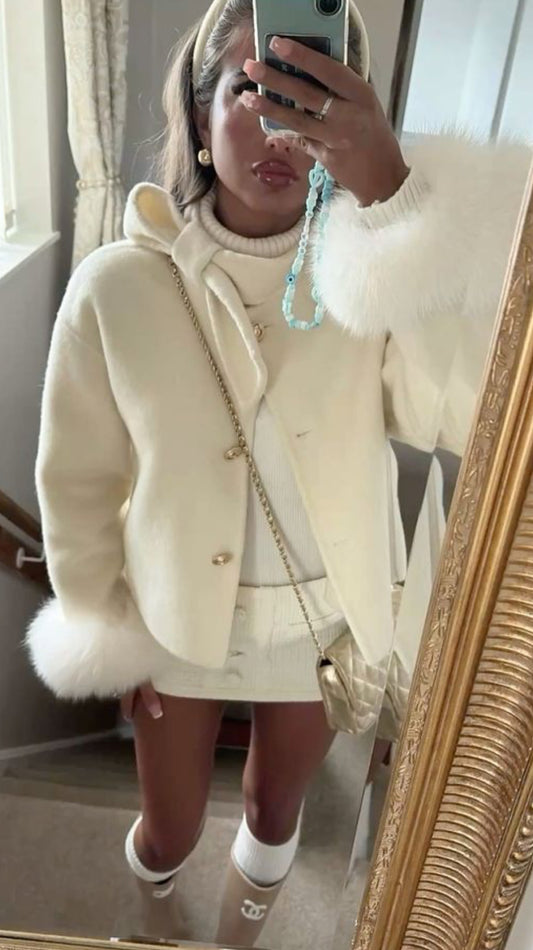 Cream natural fox fur coat/ jacket with gold buttons pre order 2-3 weeks
