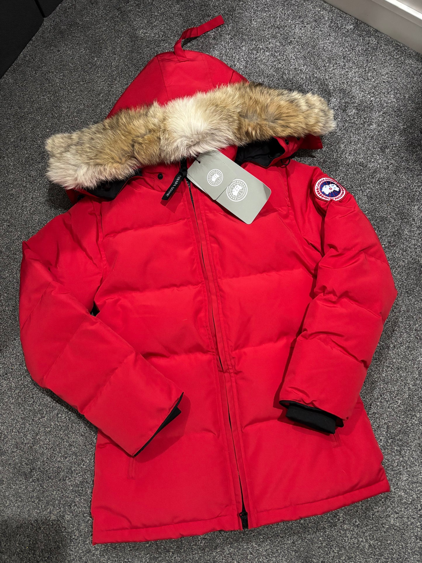 Red Canada coat with fox fur size XS