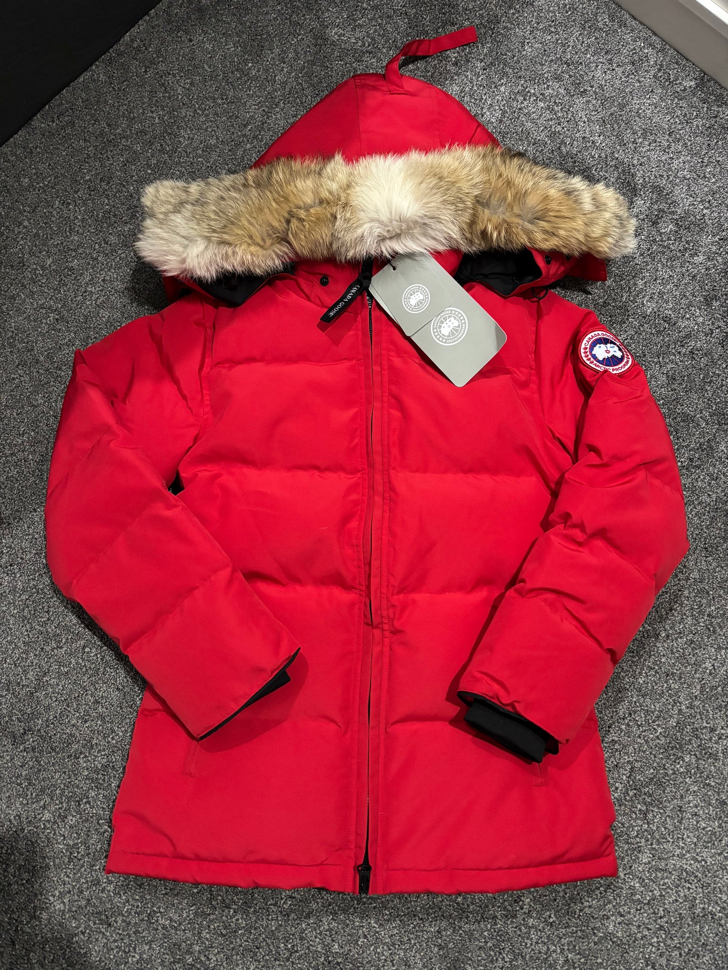 Red Canada coat with fox fur size XS