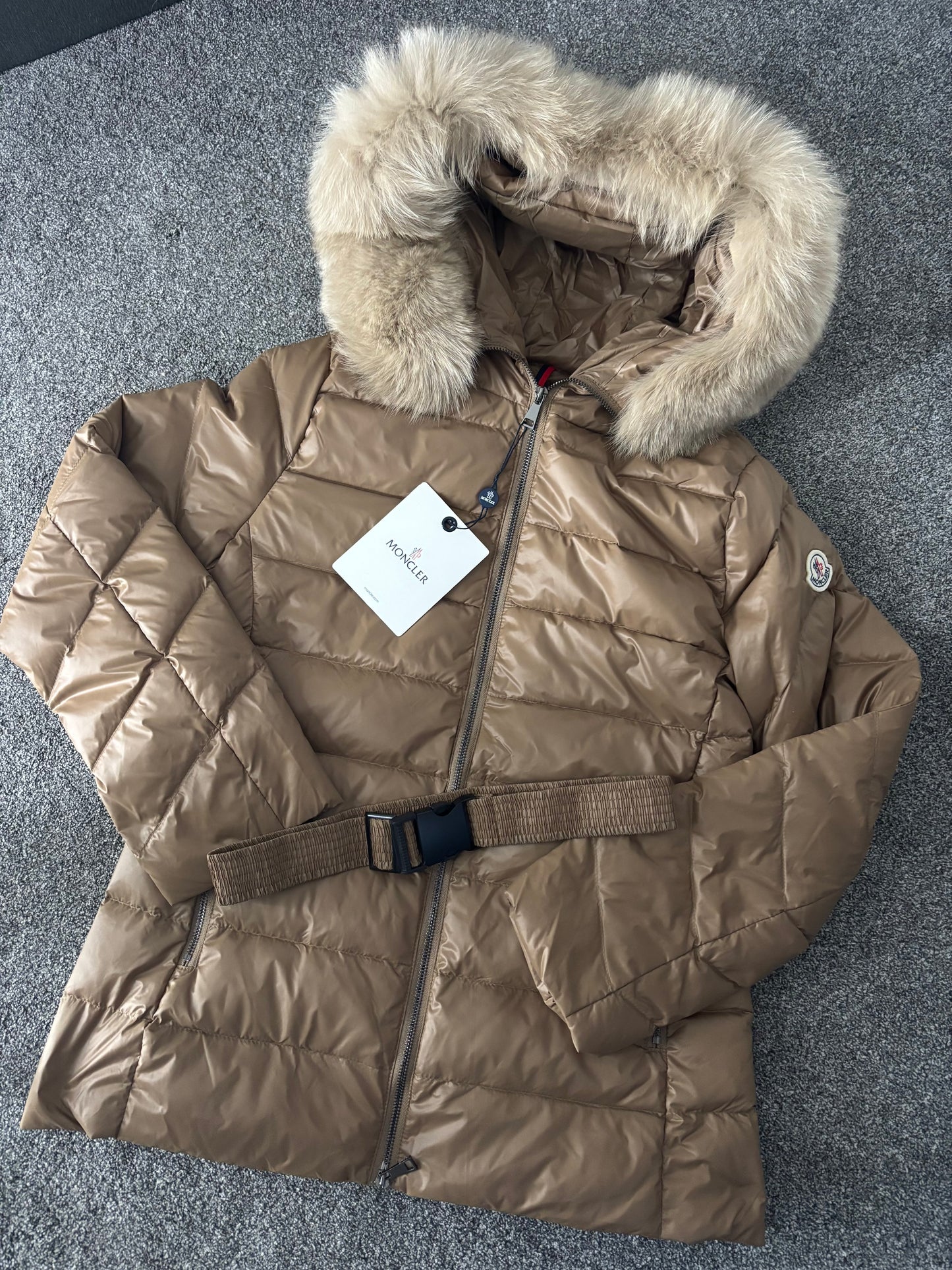 Camel m coat fur hood and belt size small
