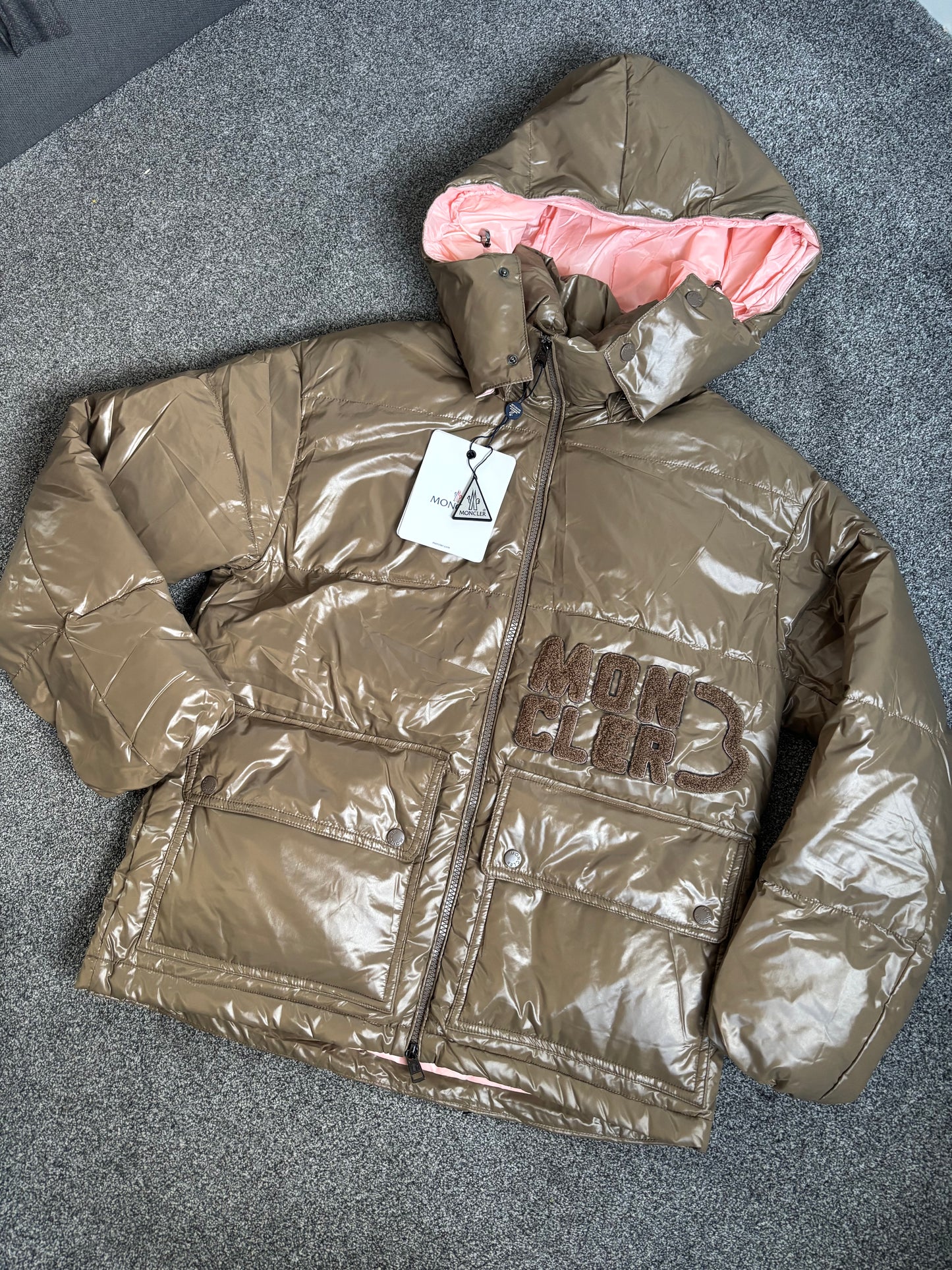 Khaki green & pink m coat size small draw strings inside ￼